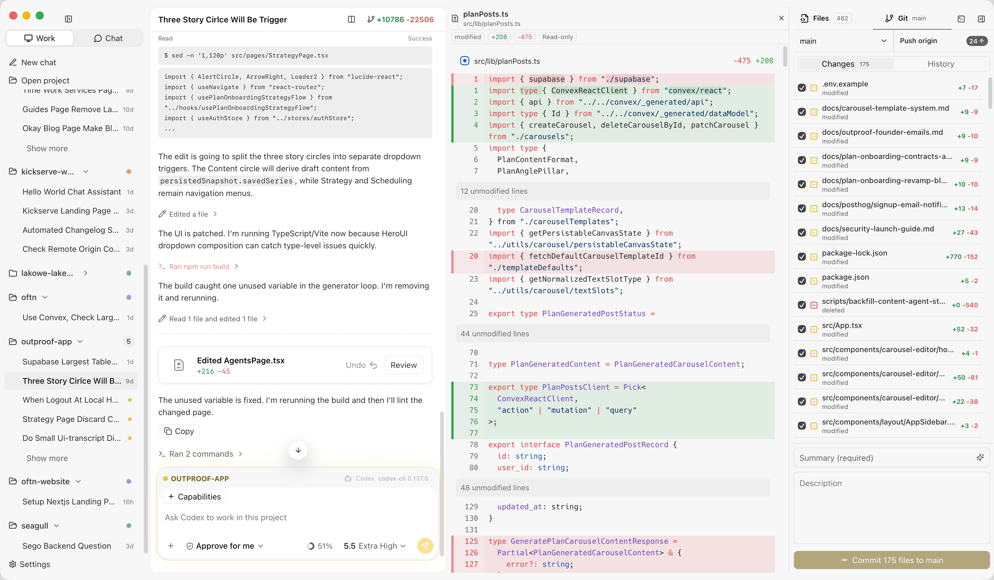 Kickserve desktop app interface showing project files, git changes, and an agent conversation.